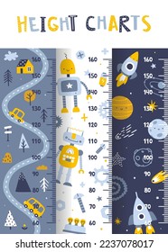 Height chart set for baby boys. Scandinavian design collection of ruler for kids. Naive stadiometer for nursery.