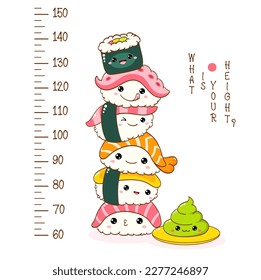 Height chart with stack of cute sushi and rolls in kawaii style with smiling faces. Kids meter. Inscription - What is your height? Meter wall or baby scale of growth. Vector illustration EPS8