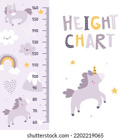 Height chart with unicorns. Scandinavian girly ruler. Cute stadiometer for baby room.