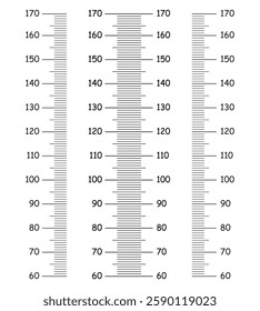 Height charts from 60 to 170 centimeters set. Templates for wall growth sticker. Meter wall or growth ruler mockup.