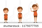 Height of child grow up. Little boy measuring his height on white color background. One boy in three levels. Short, medium, high,Height. difference child growth concepts.