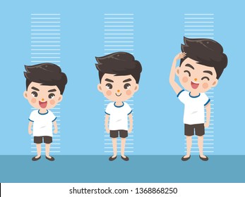 Height of child grow up. Little boy measuring his height on white color background. One boy in three levels. Short, medium, high,Height. difference child growth concepts.