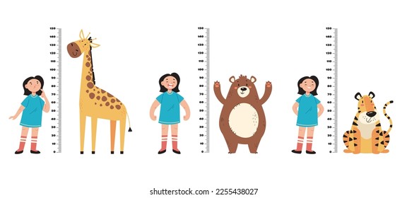 Height child measure kid high growth ruler children tall baby set concept. Vector cartoon graphic design element illustration
