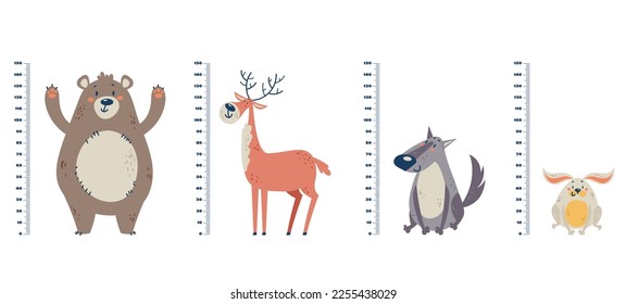 Height child measure kid high growth ruler children tall baby set concept. Vector cartoon graphic design element illustration
