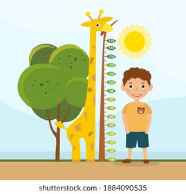 Height Comparison Between A Cute Colorful Giraffe And Young Boy Standing Alongside A Tree With Measurement Scale, Colored Cartoon Vector Illustration