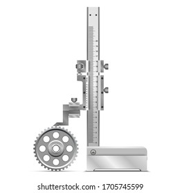 Height gauge with metallic pulley. Measuring device used for determining the height of objects, and for marking of items to be worked on. Vector illustration.