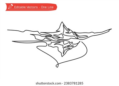 Height lines mountain premium icon. One continuous line of the Matterhorn mountain and its shadow over an alpine river. Vector illustration of the Matterhorn, Zermatt, Swiss Alps, Switzerland.