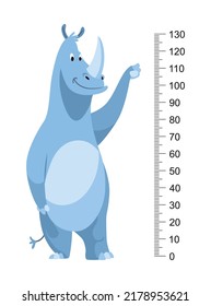 Height measure with growth ruler chart with cute cartoon rhinoceros animal. Funny kids meter, wall scale from 0 to 130 centimeter to measure growth. Children room wall sticker as interior decor