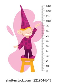Height measure with growth ruler chart with cute cartoon gnome animal. Funny kids meter, wall scale from 0 to 130 centimeter to measure growth. Children room wall sticker as interior decor