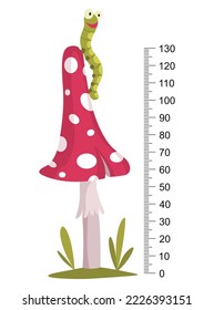 Height measure with growth ruler chart with cute cartoon caterpillar on toadstool. Funny kids meter, wall scale from 0 to 130 centimeter, measure growth. Children room wall sticker as interior decor
