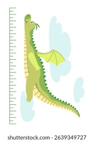 Height measure with growth ruler chart with cute cartoon dragon animal. Funny kids meter, wall scale to measure growth. Children room wall sticker as interior decor