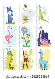 Height measure with growth rulers chart and cute cartoon animals. Funny kids meter, wall scale to measure growth. Children room wall stickers as interior decor