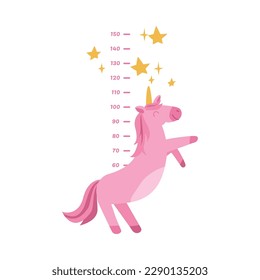 Height measure wall sticker with cute unicorn, cartoon flat vector illustration isolated on white background. Chart of height for kids in centimeters. Growth ruler with cheerful animal.