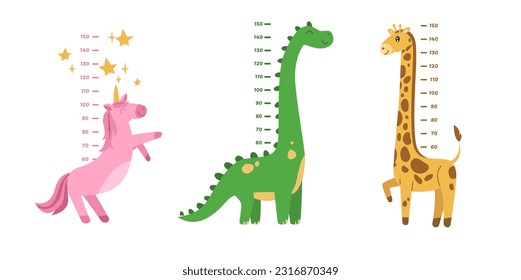 La altura mide los pegatinas de pared con animales lindos, dibujos animados de ilustraciones planas vectoriales aislados en fondo blanco. Alegre unicornio, dinosaurio y jirafa en medidor de altura. Niños creciendo.