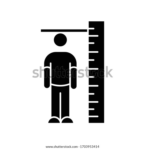 Height measurement black glyph icon. Human\
body size determination. Tailoring parameters, body growth\
silhouette symbol on white space. Person standing near huge ruler\
vector isolated\
illustration