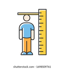 RGB-Farbsymbol für Höhenmessung. Bestimmung der Körpergröße des Menschen. Maßgeschneiderte Parameter, Körperwachstum. Person, die in der Nähe von riesigen Herrscher isolierte Vektorillustration Illustration