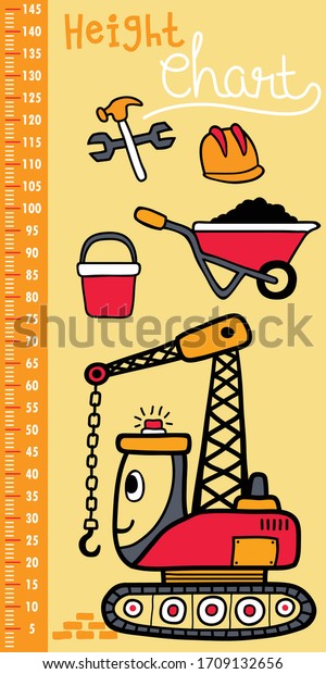 height measurement wall of construction vehicles\
cartoon with construction\
tools