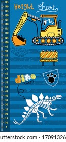 height measurement wall of hand drawn funny construction vehicle cartoon digging dinosaur fossil