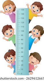 Medição de altura com crianças felizes desenho animado