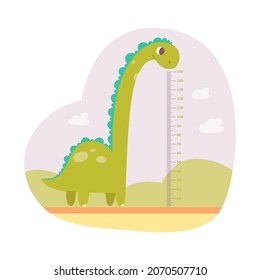 Height measuring scale for kids with cute dinosaur vector illustration. Cartoon tall dino and baby growth meter with scale in centimeters, sticker with ruler and funny dragon isolated on white