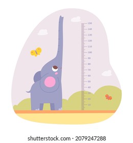 Height measuring scale for kids with cute elephant vector illustration. Cartoon tall animal and baby growth meter with scale in centimeters, sticker with ruler and funny character isolated on white