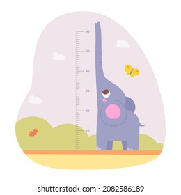 Height measuring scale for kids with cute elephant vector illustration. Cartoon tall animal and baby growth meter with scale in inches, sticker with ruler and funny character isolated on white