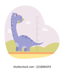 Height measuring scale for kids with cute dino vector illustration. Cartoon tall animal and baby growth meter with scale in inches, sticker with ruler and funny character isolated on white.