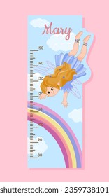 Height meter with fairy concept. Centimeter with ficttional character in blue dress near rainbow. Poster or banner for website. Cartoon flat vector illustration isolated on pink background