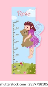 Height meter with fairy concept. Centimeter for girls. Decor element for children room. Poster or banner for website. Cartoon flat vector illustration isolated on pink background