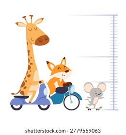 Height meter. funny animal riding on vehicles. high meter template for kids