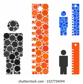 Height meter mosaic of filled circles in different sizes and color tinges, based on height meter icon. Vector random circles are grouped into blue mosaic.