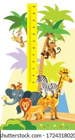 Height meter with wild animals vector cartoon illustration in flat style. Vector vertical scale measurement with cute african animals for children. Great for printed products and souvenirs.