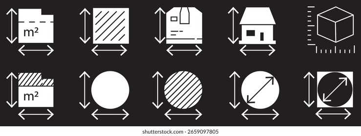 Height and width icons. Dimension, area and perimeter measure concept. Property, real estate, construction, mortgage, interiors. Part of a big icon set family.