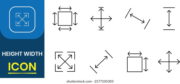 Height and width vector icon set. Area or size, Property, real estate, construction, mortgage, interior, Measurement and resizing. Vector illustration.