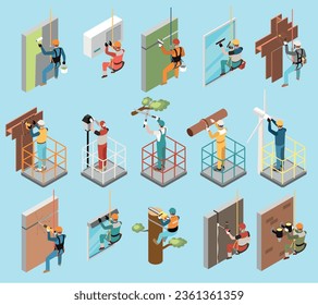 Height work isometric set of people working in field of industrial alpinism isolated vector illustration