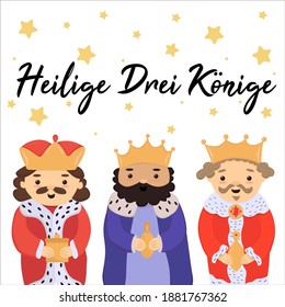 Heilige Drei Könige - deutsche Übersetzung: Heilige drei Könige. Cute Cartoon Könige Prinz-Charaktere mit dem Bart und Kronen mit goldenen Geschenken. Vektorgrafik. Grußkarte für Epiphany, 6. Januar