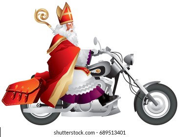 Heilige Nikolaus, Sinterklaas on a custom motorcycle, on a chopper, bikers' modified bike. Winter holiday gift-giver based on Saint Nicholas, Santa Claus primary source realistic vector illustration