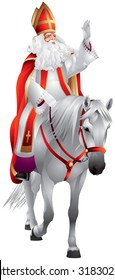 Heilige Nikolaus Sinterklaas on the white horse front view, winter holiday figure based on Saint Nicholas, model for Santa Claus, celebrated with the giving of gifts on eve and feast of Saint Nicholas