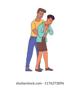 Heimlich maneuver vector illustration - young man saving life of boy performing abdominal thrusts in sketch style. Isolated hand drawn male character doing first aid to choking person.