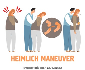 Heimlich maneuver vector illustration - young man saving life of woman
performing abdominal thrusts. First aid to choking person. Isolated