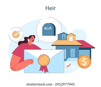 Heir. A woman is depicted with a certificate, symbolizing the legal recognition as an heir, alongside visuals of a house and coin, representing inherited assets. Flat vector illustration