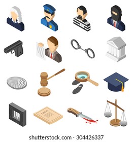 Heist Robbers And Police Court Lawyer And Justice 3d Isometric Color Icon Set Isolated Vector Illustration 