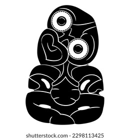 Hei-tiki pendant of the Māori of New Zealand. Green stone carvings with inlaid eyes. Totem figurines. Ethnic design. Black and white silhouette.