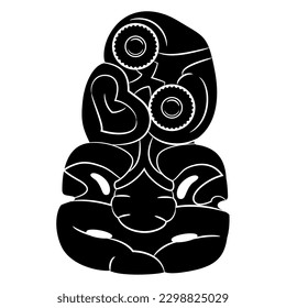Hei-tiki pendant of the Māori of New Zealand. Green stone carvings with inlaid eyes. Totem figurines. Ethnic design. Black and white negative silhouette.