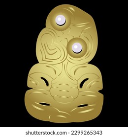 Hei-tiki pendant of the Māori of New Zealand. Green stone carvings with inlaid eyes. Totem figurines. Ethnic jewelry design. Golden glossy silhouette with white pearl bead eyes on black background.