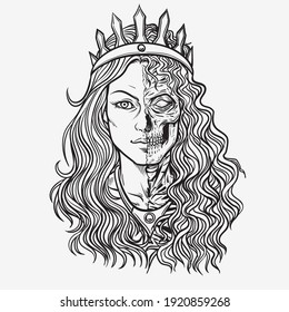 Hel goddess of Norse , lady of the world of the dead. Isolated on a white background.