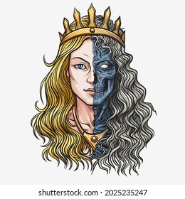 Hel goddess of Norse , lady of the world of the dead. Isolated on a white background.