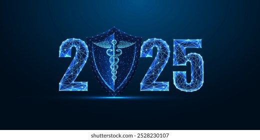 Helath care and medicine abstract 2025 Happy New Year digital web banner template in futuristic glowing polygonal style on dark blue background. Modern wireframe design vector illustration.