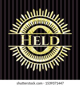 Held gold badge. Vector Illustration. Detailed.