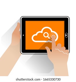 A held Tablet PC connected to the internet. A finger of the right hand taps the interactive tablet screen which will action a web search.